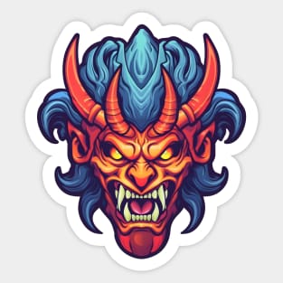 Horned demon face, red and blue Sticker